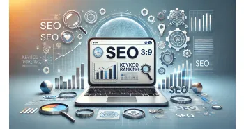 一張現代專業的 SEO 文章封面圖，採用寬螢幕橫幅格式。畫面中心是一台筆電，螢幕上顯示著 SEO 數據圖表與關鍵字分析。筆電周圍漂浮著數位行銷相關的圖示，如放大鏡、圓餅圖、齒輪與超連結圖示。背景為柔和