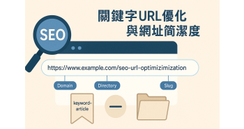 SEO友善網址最佳化實踐圖示，展示關鍵字URL優化與簡潔網址設計原則