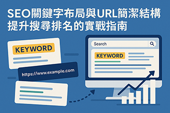 SEO 關鍵字布局與簡潔 URL 結構提升搜尋排名的實戰指南圖解，包含關鍵字、網址示意與搜尋結果成長圖表。