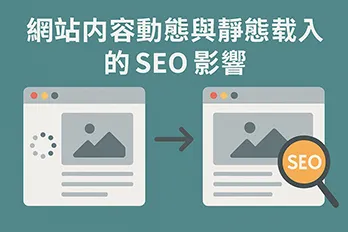 網站內容動態與靜態載入方式對 SEO 影響的圖解，展示從載入中頁面轉為完整內容頁面與 SEO 評估圖示。