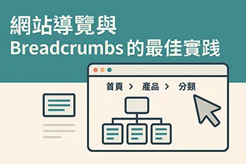 網站導覽與 Breadcrumbs 導引設計最佳實踐圖解，展示首頁到分類頁的階層式結構與點擊導覽流程，有助提升 SEO 與使用體驗。