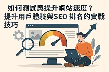網站速度優化插圖，男子使用筆電，螢幕顯示速度量表與放大鏡圖示，標題為如何測試與提升網站速度，提升使用者體驗與 SEO 排名技巧。