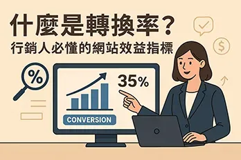 女性行銷專業人士正在電腦前分析網站轉換率圖表，螢幕顯示 35% 成長數據與上升箭頭，搭配『什麼是轉換率？行銷人必懂的網站效益指標