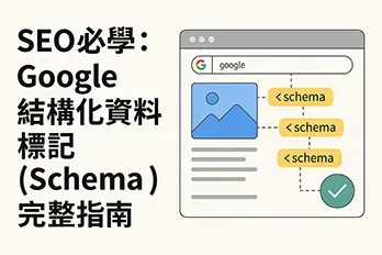 SEO必學：Google 結構化資料標記（Schema）完整指南示意圖，扁平化插畫風格，顯示網頁介面中圖片與文字被標記為 schema，旁邊有驗證成功的綠色勾選符號。