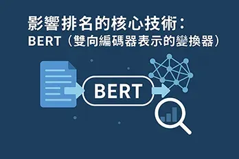 影響排名的核心技術：BERT（雙向編碼器表示的變換器）主題橫幅圖，包含深藍背景、文件圖示、神經網路節點、放大鏡與 BERT 文字標誌，象徵自然語言處理與搜尋排名技術。
