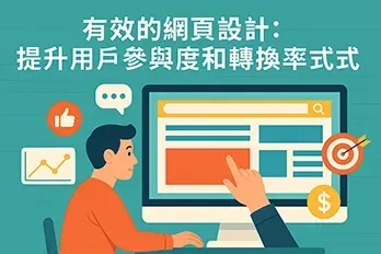 扁平插畫風格的網頁設計概念圖，展示使用者與網站互動、轉換率上升、圖表與目標符號，代表提升用戶參與度與轉換率的有效設計方式。