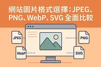 「網站圖片格式選擇：JPEG、PNG、WebP、SVG 全面比較」扁平化封面圖，展示四種圖片格式的代表圖示與對比設計，背景採用明亮橙色漸層，清晰呈現圖片格式比較主題，適用於網頁設計與 SEO 教學文章