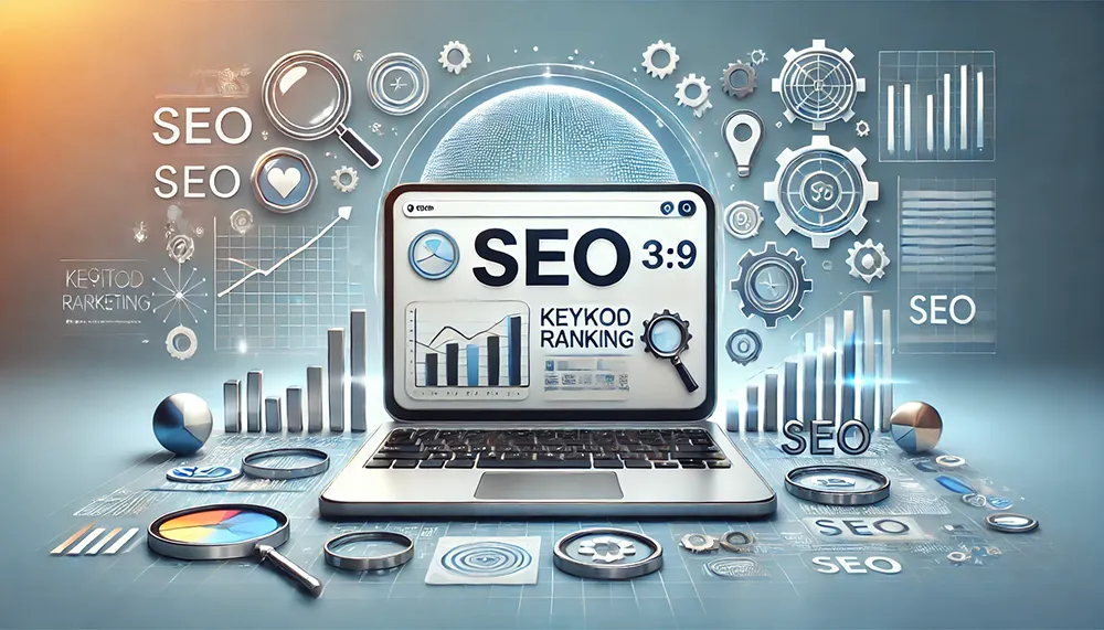 一張現代專業的 SEO 文章封面圖，採用寬螢幕橫幅格式。畫面中心是一台筆電，螢幕上顯示著 SEO 數據圖表與關鍵字分析。筆電周圍漂浮著數位行銷相關的圖示，如放大鏡、圓餅圖、齒輪與超連結圖示。背景為柔和的藍白漸層，呈現出科技感與數位成長的氛圍，並搭配中央顯眼的『SEO文章』中文字樣，整體設計簡潔大方，適合用於部落格或企業行銷網站的橫幅封面。