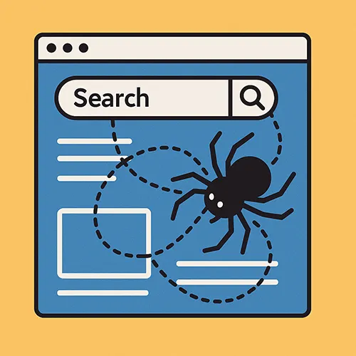 一張搜尋引擎蜘蛛爬行網站的示意圖，圖中顯示蜘蛛沿著虛線在網頁介面上移動，象徵網站的索引與爬行過程。