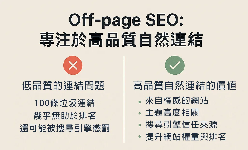 這張圖解說明了在 Off-page SEO 中，高品質自然連結的重要性。相比大量無關且低品質的垃圾連結，幾條來自權威網站的相關連結，對於網站的搜尋引擎排名更具影響力。