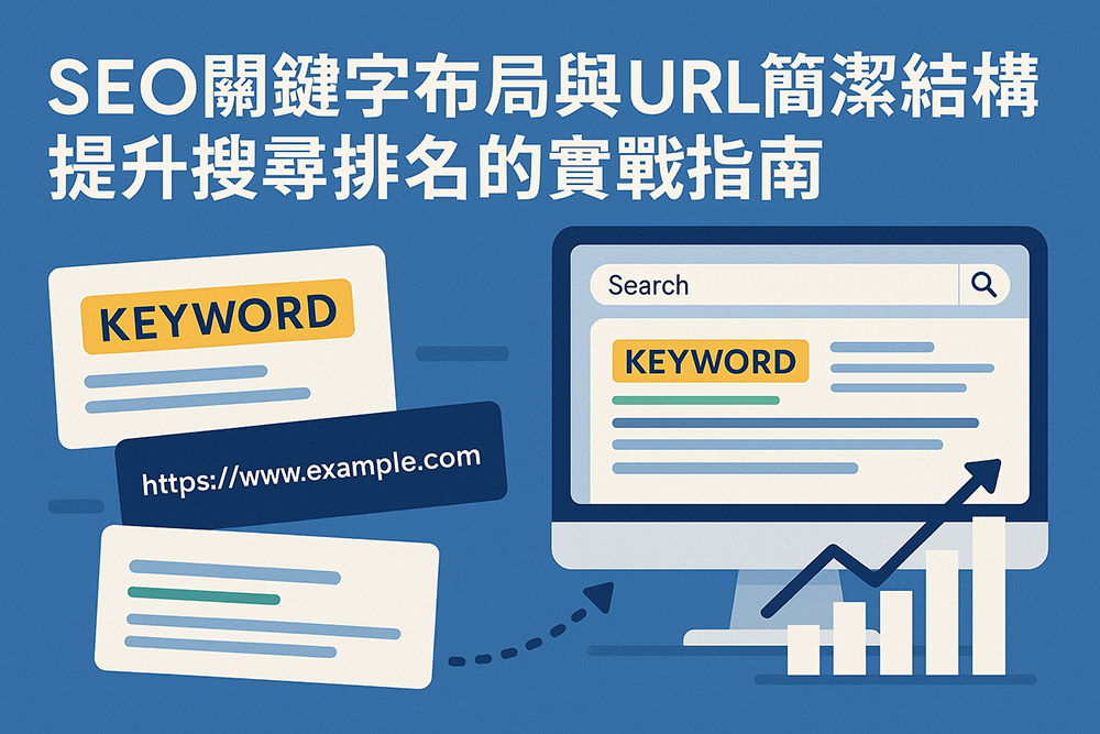 SEO 關鍵字布局與簡潔 URL 結構提升搜尋排名的實戰指南圖解，包含關鍵字、網址示意與搜尋結果成長圖表。