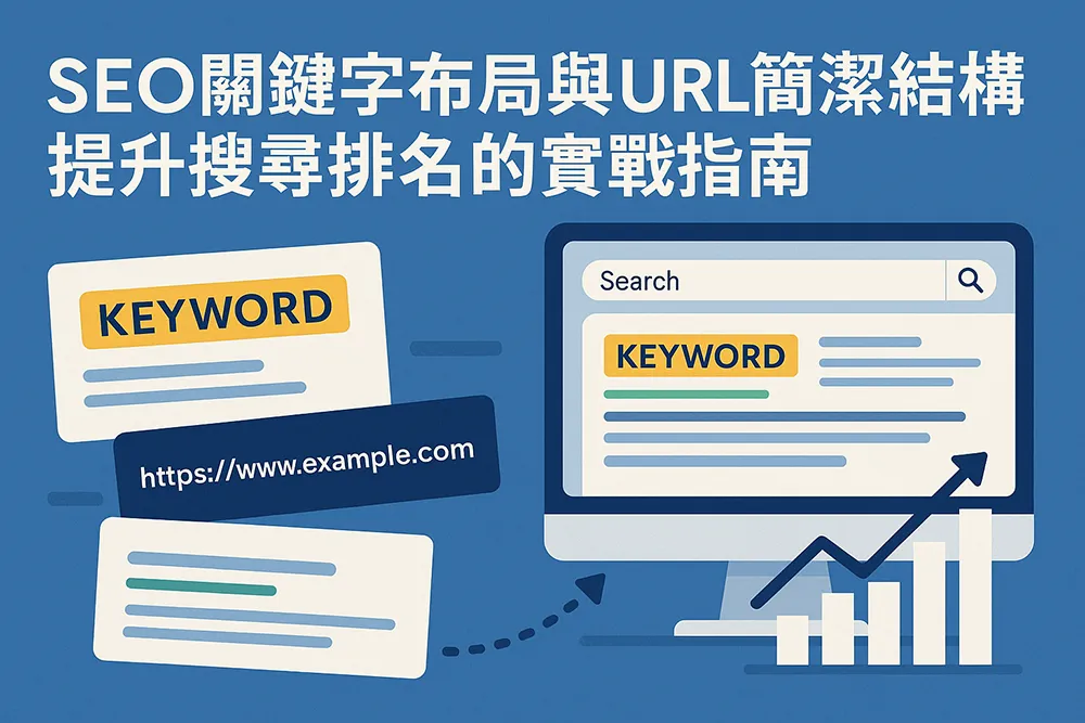 SEO 關鍵字布局與簡潔 URL 結構提升搜尋排名的實戰指南圖解,包含關鍵字、網址示意與搜尋結果成長圖表。