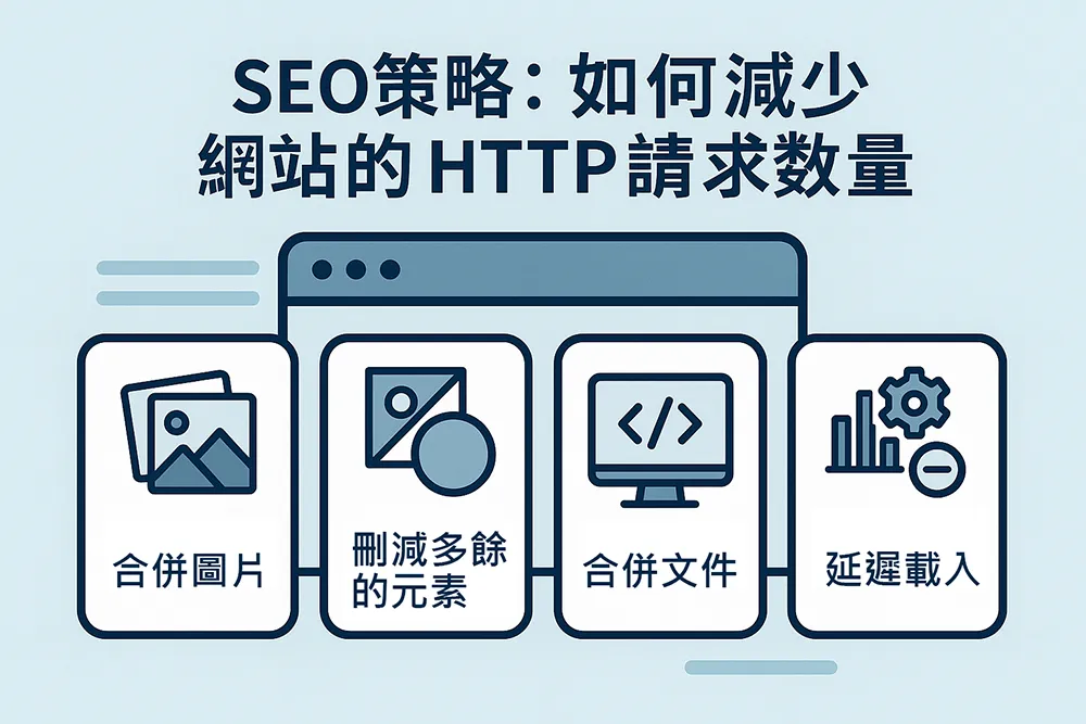 網站優化圖解：透過合併圖片、刪減多餘元素、合併文件與延遲載入等 SEO 策略，減少 HTTP 請求數量。