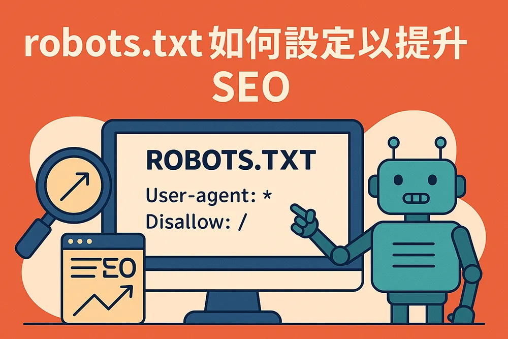 robots.txt 設定圖解，展示如何透過 User-agent 與 Disallow 指令控制搜尋引擎爬蟲以優化 SEO。