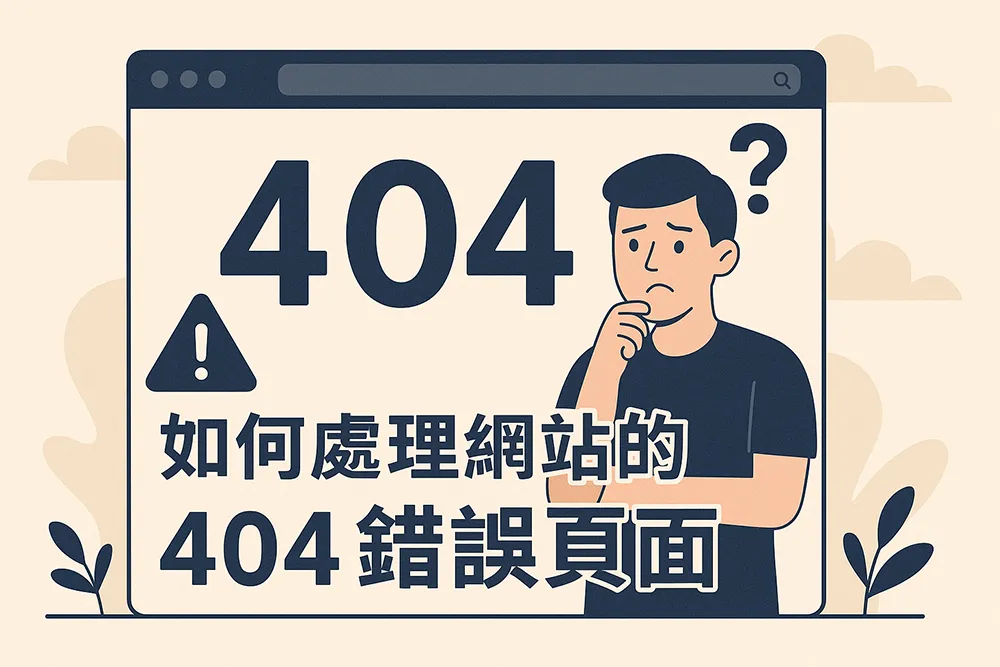 網站 404 錯誤頁面處理圖解,展示用戶面對找不到頁面時的畫面與 SEO 處理建議主題。