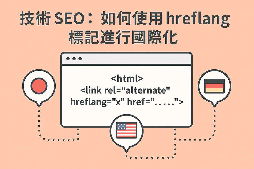 技術 SEO 圖解:說明如何使用 hreflang 標記進行多語系網站國際化設定,搭配 HTML 語法與多國旗幟示意圖。