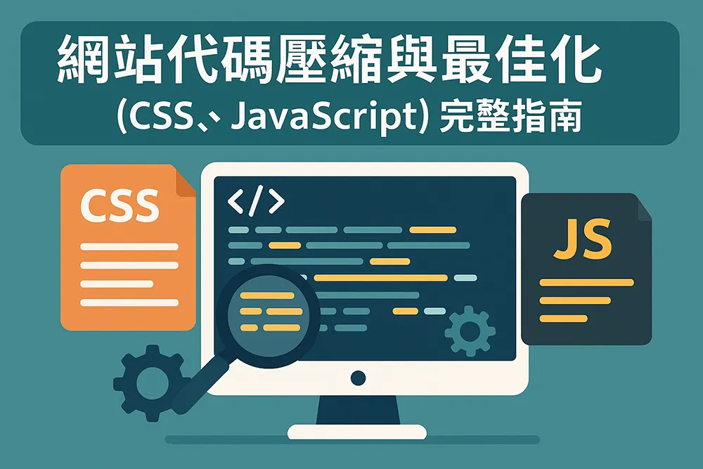 網站程式碼壓縮與最佳化圖解，說明 CSS 與 JavaScript 檔案如何進行優化以提升網站效能與 SEO 表現。