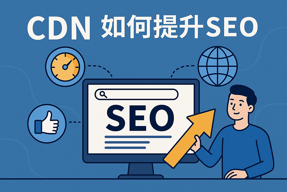 CDN 如何提升 SEO 的圖解，展示透過內容傳遞網路改善網站速度、使用者體驗與搜尋排名的概念視覺。