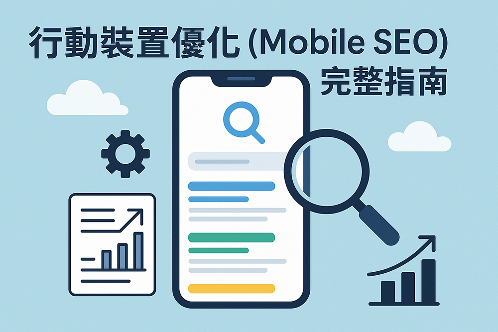 行動裝置優化（Mobile SEO）完整指南圖解，展示智慧型手機搜尋畫面、放大鏡與成長圖表，說明提升行動版搜尋排名的關鍵要素。
