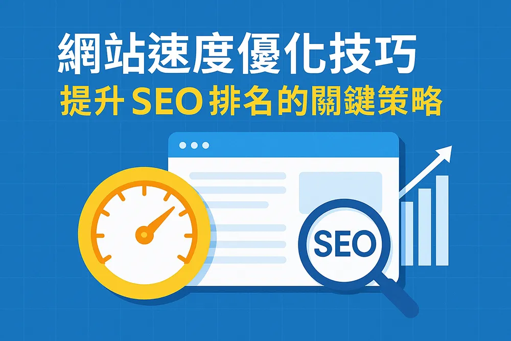 網站速度優化技巧圖解，呈現加速儀錶、放大鏡 SEO 圖示與成長圖表，說明提升搜尋排名的關鍵策略。