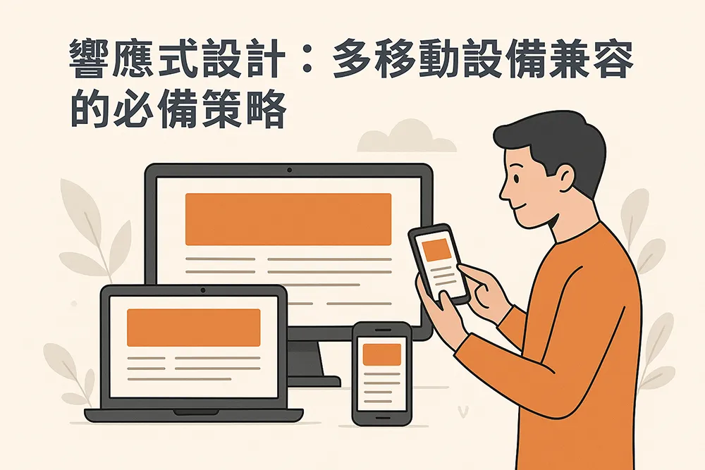 響應式網站設計插圖,人物操作手機,螢幕上顯示不同裝置(桌機、筆電、平板、手機)皆可兼容的網頁介面,強調多設備相容性策略