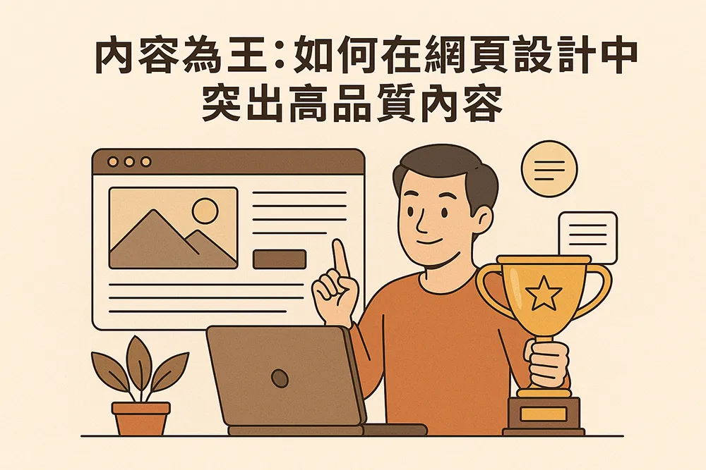 內容為王插圖,男子操作筆電並舉起獎盃,背景為網頁設計介面,標題為如何在網頁設計中突出高品質內容,象徵優質內容在網站中的重要性。
