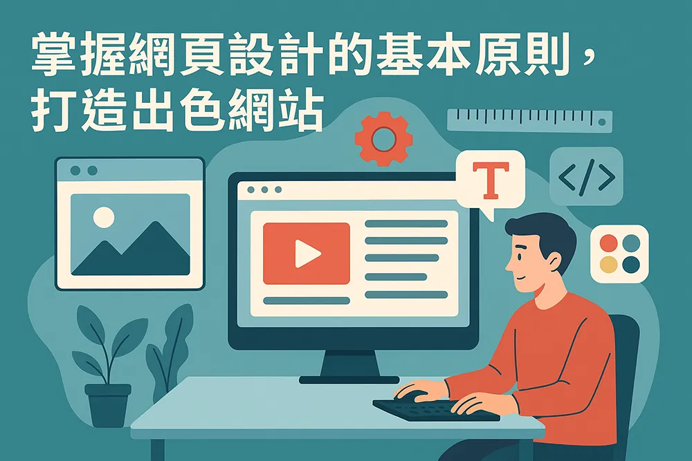 網頁設計原則插圖,男子操作電腦設計網站介面,畫面包含圖片、影片、文字與設計工具圖示,標題為掌握網頁設計的基本原則,打造出色網站。