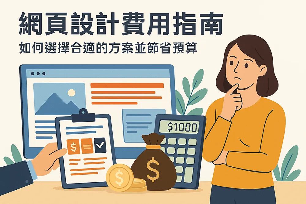 網頁設計費用指南插圖,女子思考網站預算配置,畫面包含電腦螢幕、估價單、計算機與金錢圖示,標題為如何選擇合適的方案並節省預算。