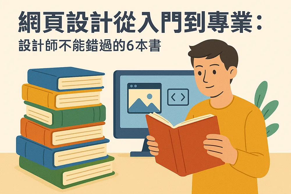 網頁設計書籍推薦插圖，男子閱讀書籍，旁邊堆疊多本書籍，背景為電腦螢幕與網站介面，標題為設計師不能錯過的6本書。