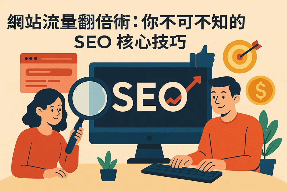 SEO 核心技巧插圖，男女角色分析網站流量，螢幕顯示 SEO 字樣與成長箭頭，搭配放大鏡、金幣與目標圖示，標題為網站流量翻倍術。