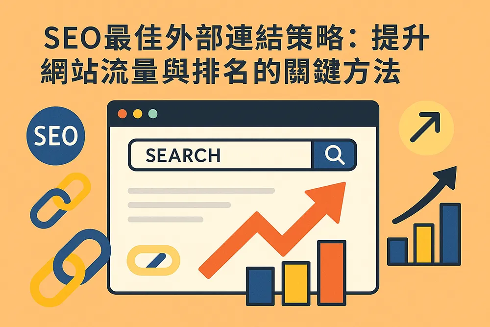 SEO 外部連結策略插圖，畫面顯示搜尋引擎介面、上升箭頭與連結圖示，標題為提升網站流量與排名的關鍵方法。