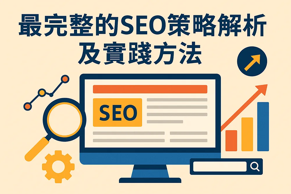 完整 SEO 策略分析插圖,螢幕顯示 SEO 相關內容,搭配放大鏡、齒輪、成長曲線與搜尋欄圖示,標題為最完整的 SEO 策略解析及實踐方法。