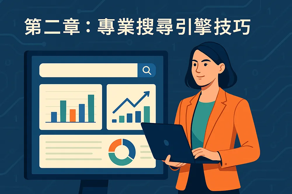 專業搜尋引擎技術插圖,女性角色手持筆電分析大螢幕上的各種圖表與搜尋數據,標題為第二章:專業搜尋引擎技巧。
