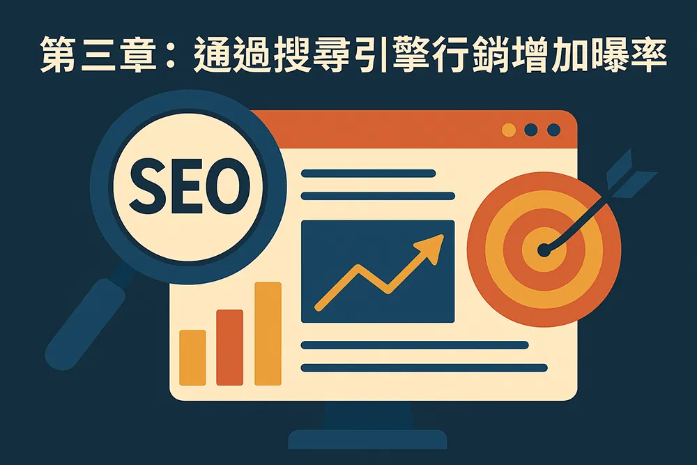 搜尋引擎行銷插圖,畫面包含 SEO 放大鏡、上升趨勢圖表與命中目標的箭靶圖示,標題為第三章:通過搜尋引擎行銷增加曝光率。