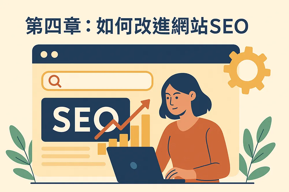 「網站 SEO 優化插圖,女子操作筆電提升網站搜尋表現,畫面包含 SEO 標籤、成長箭頭與搜尋框,標題為第四章:如何改進網站 SEO。