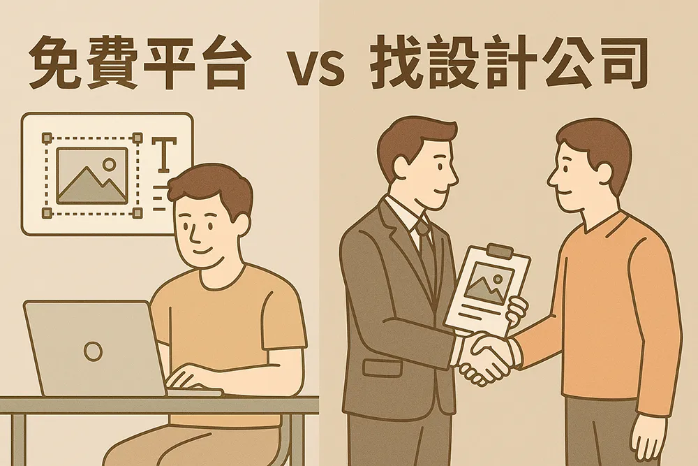 一名猶豫的男性坐在筆電前，思考該使用免費網站平台還是委託設計公司建置網站。畫面左右兩側分別呈現免費平台與設計公司象徵圖示，搭配中文標題『老闆想做網站？免費平台 VS 找設計公司，一次搞懂怎麼選！』，風格為扁平插畫設計。