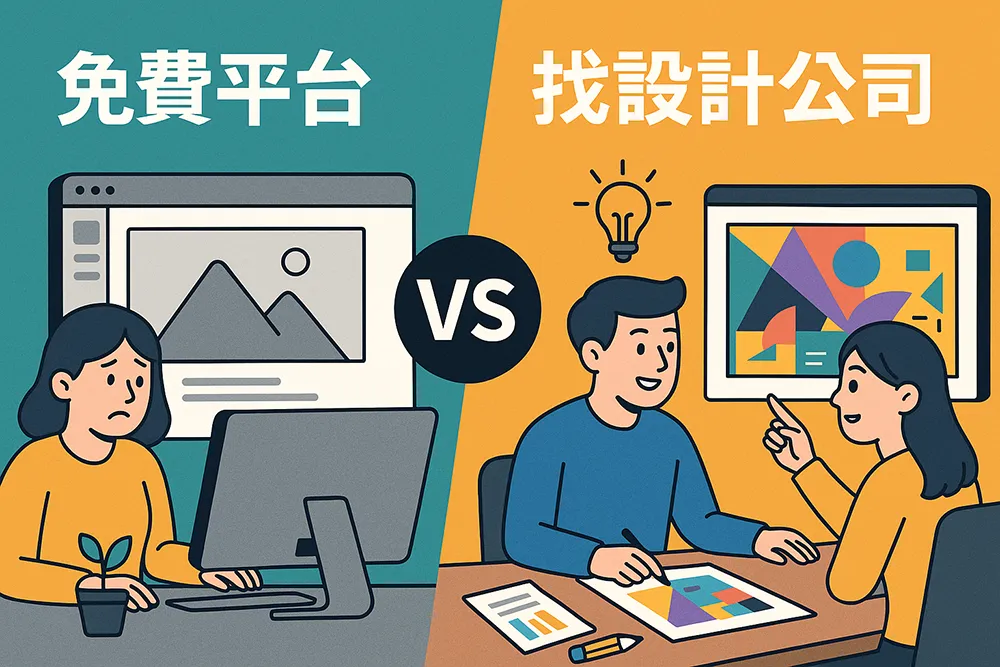 一名猶豫的男性坐在筆電前，思考該使用免費網站平台還是委託設計公司建置網站。畫面左右兩側分別呈現免費平台與設計公司象徵圖示，搭配中文標題『老闆想做網站？免費平台 VS 找設計公司，一次搞懂怎麼選！』，風格為扁平插畫設計。