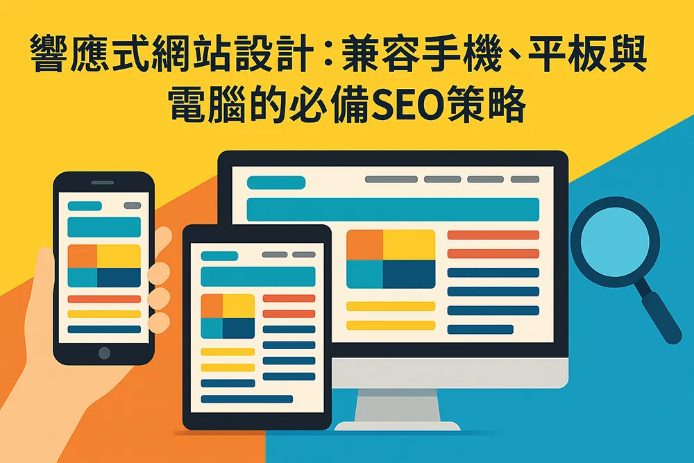 響應式網站設計展示圖,畫面中有手機、平板與電腦螢幕,顯示一致的網站版面設計,背景為亮色漸層,強調跨裝置相容性與SEO策略的重要性