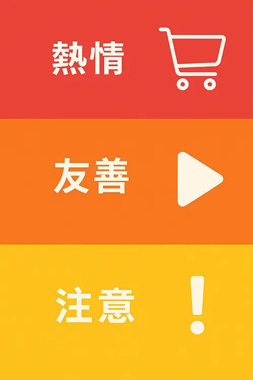 紅、橙、黃三色水平區塊設計插圖，分別展示中文字『熱情』、『友善』與『注意』，搭配購物車、播放鍵與驚嘆號等白色圖示，象徵不同色彩心理與網頁應用情境，如促銷按鈕、娛樂介面與提醒訊息。