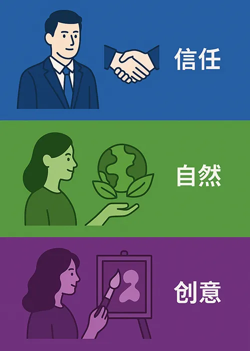 三段式水平插圖，分別以藍色、綠色與紫色呈現色彩心理應用情境。藍色區塊描繪西裝男子與握手圖示，象徵信任與專業；綠色區塊呈現女性與地球綠葉圖案，代表自然與安全；紫色區塊顯示女性正在作畫，展現創意與奢華感，對應企業、環保與設計網站風格。
