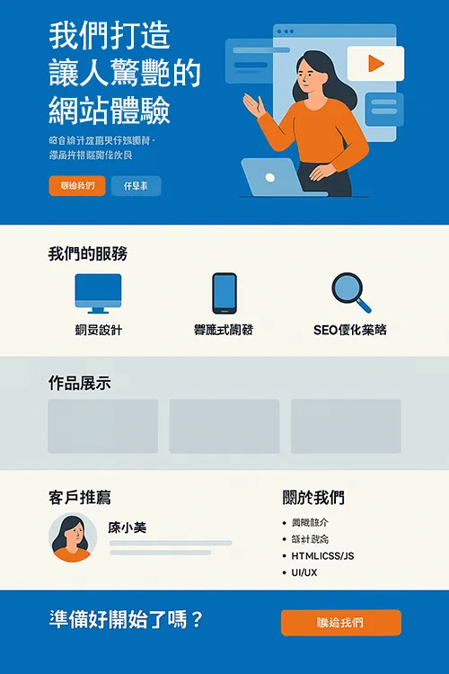 網站首頁設計範例插圖，包含主視覺區域、服務項目、作品展示、客戶推薦、關於我們與聯絡行動區，配色以藍色與橘色為主，呈現專業與吸引力的現代網頁設計布局。