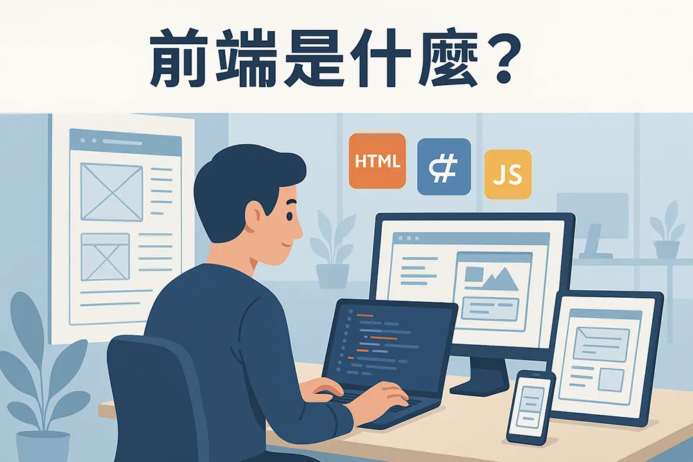 一位前端工程師在辦公室中使用筆電編寫HTML、CSS與JavaScript，螢幕顯示響應式網頁設計，展現前端開發的日常工作場景。