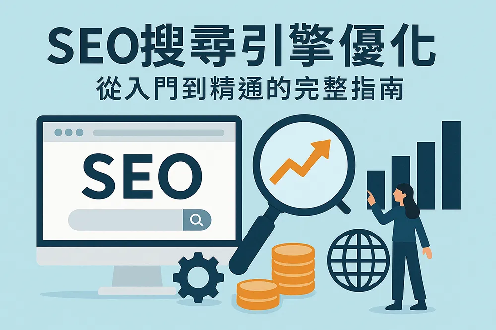 SEO 橫幅圖描繪了一位女性角色站在成長圖表旁，前方有電腦螢幕顯示「SEO」字樣、放大鏡、金幣與齒輪圖示，象徵搜尋引擎優化的核心概念與網站流量成長，整體採用扁平插畫風格，色系清新專業。