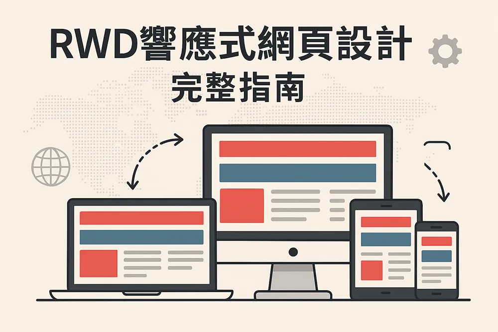 RWD響應式網頁設計示意圖,展示網站在電腦、平板與手機等多種裝置上的自適應版面配置