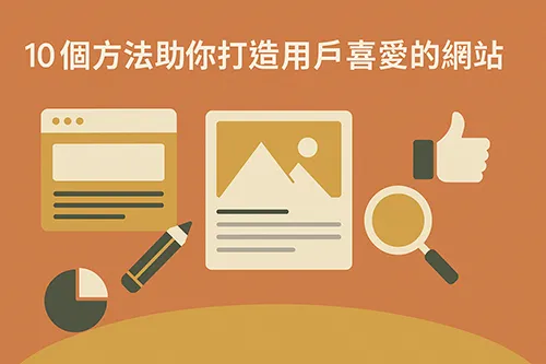 打造用戶喜愛網站的10個方法插圖，包含網站介面、圖文設計、放大鏡、讚好圖示與圖表等視覺元素。