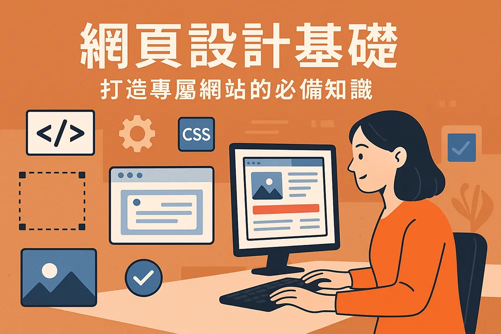 女性網頁設計師正在電腦前設計網站介面,畫面包含 HTML、CSS 圖示與網站元素圖標,代表網頁設計基礎知識主題。