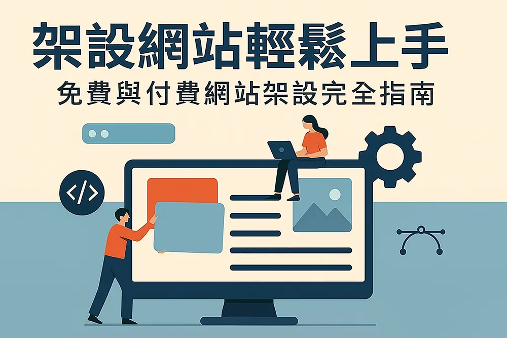 架設網站輕鬆上手完整指南圖解，展示免費與付費網站架設流程，含程式碼圖示、電腦畫面與操作人物插畫。