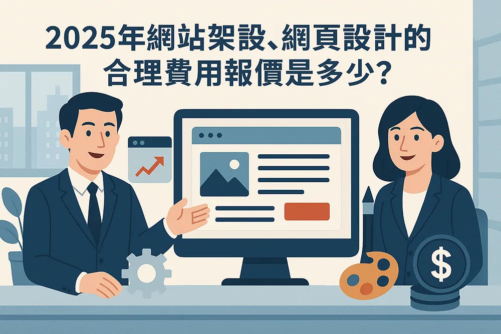 2025年網站架設與網頁設計合理費用代表圖，兩位專業人士在辦公室環境中討論網站製作與設計報價，包含電腦螢幕、設計工具與金錢圖示