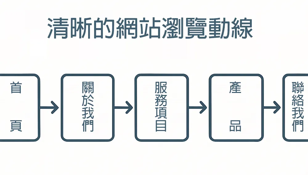 清晰的網站瀏覽動線示意圖，包含首頁、關於我們、服務項目、產品與聯絡我們等頁面，橫向排列並以箭頭連接，展現直覺易懂的網站導航結構