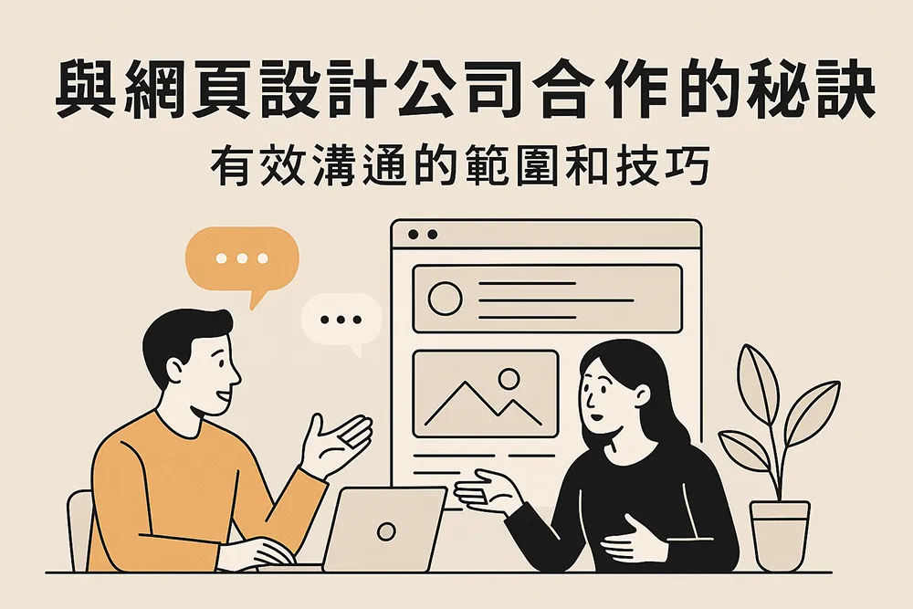 網頁設計公司與客戶合作會議,雙方透過筆電與設計草圖討論網站架構與內容,有效溝通規劃網站設計細節
